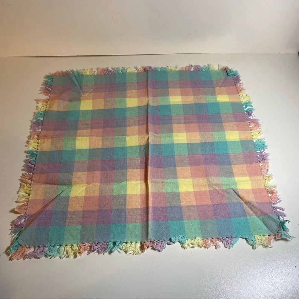 Set of 7 Pastel Color Block Woven Cotton Fringed Napkins 17” Square